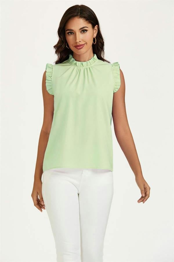 FS Collection Frill Trim Sleeve Frill Neck Blouse Top In Light Green