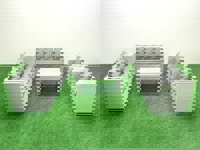 Fimous Outdoor Garden Furniture Rattan Sofa Set with 2 Armchairs Oblong Coffee Table Side Table Light Grey Mixed