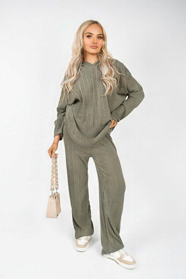 Zayana Hooded Ribbed Oversized Top And Wide Leg Lounge Co-ord Set - Khaki