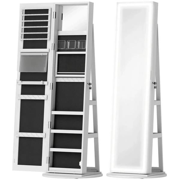 White jewelry storage cabinet with hinged doors and full-length mirror panel