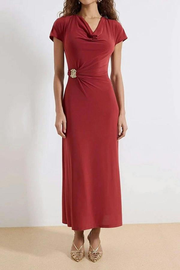 WOVCOR A-Line V-Neck Maxi Stretch Knit Dress with Accessory Details