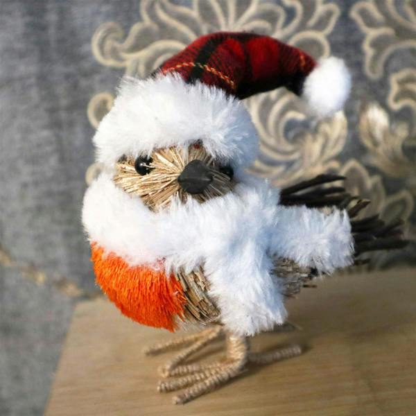 13cm Robin Christmas Tabletop Decoration with Furry Hat and Scarf, Rustic Straw and Jute Finish image 5
