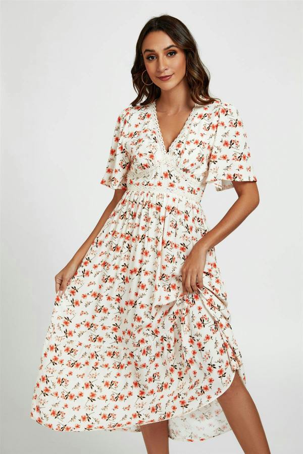 FS Collection Red Floral Print Lace Detail Angel Sleeve Midi Dress In Cream