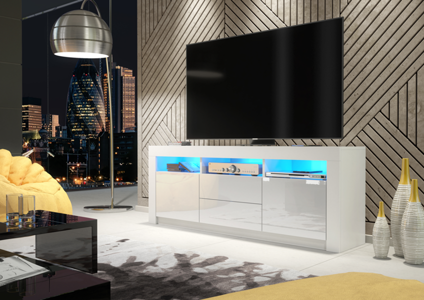 Mex Furniture Spacious 160cm TV Unit & Cabinet with White Gloss Doors and Free LED