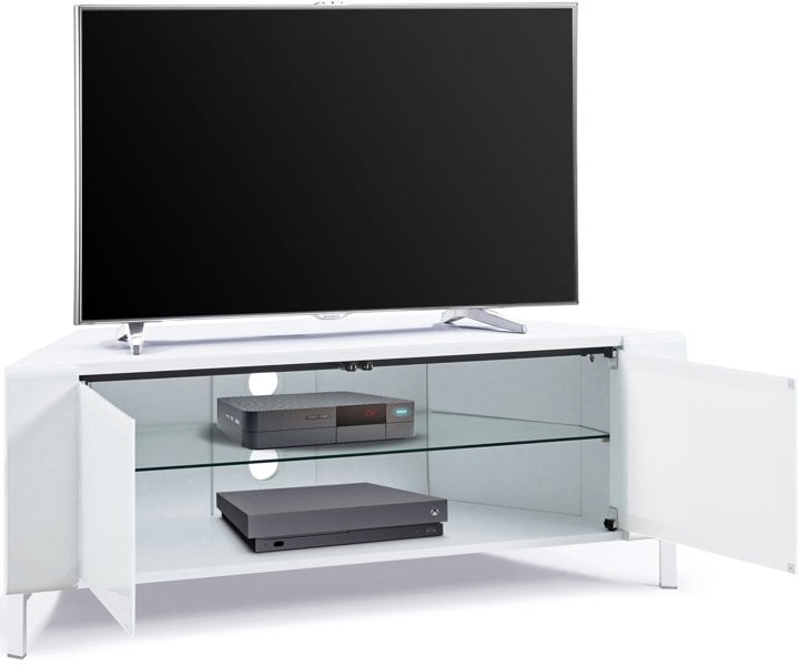 MDA Designs CORVUS Corner-Friendly Gloss White Contemporary Cabinet with White Profiles White BeamThru Glass Doors for Flat Screen TVs up to 50"