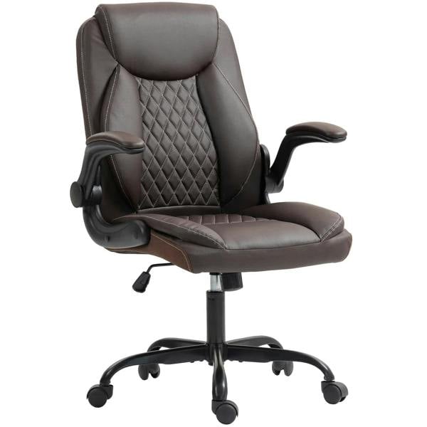 Brown faux leather office chair with quilted back, padded seat, flip-up armrests, wheeled base