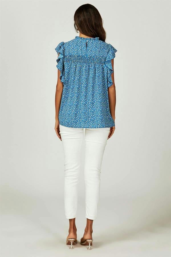 FS Collection Floral Print Frill Hem Short Sleeve Blouse Top In Blue