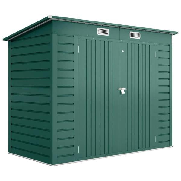 Green metal storage shed with double doors, vents, and latching padlock-ready handle