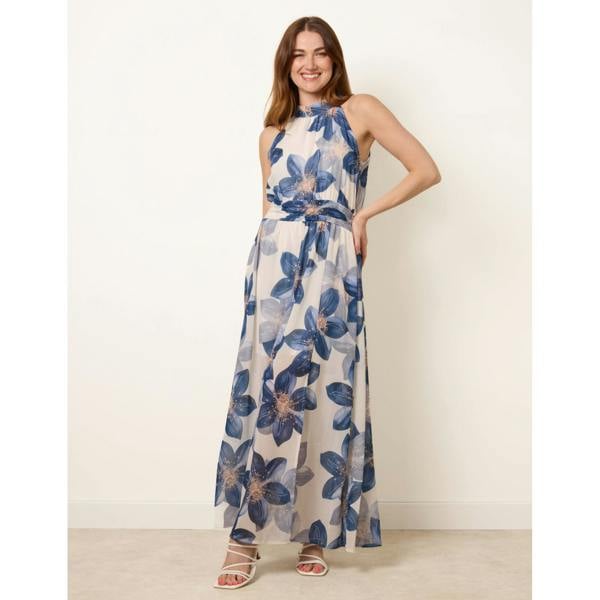Blue Vanilla Floral Print Halter Neck Occasion Dress