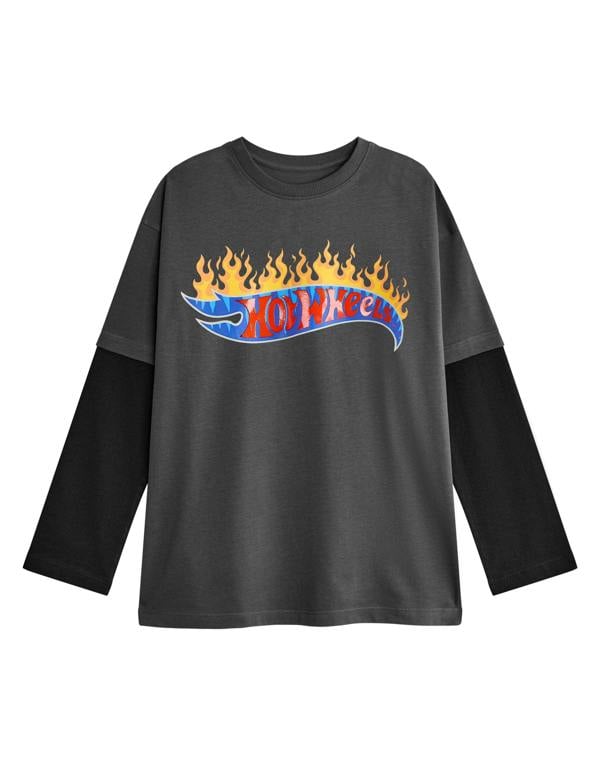 Hot Wheels Boys Grey Flame Logo Long Sleeved T-Shirt