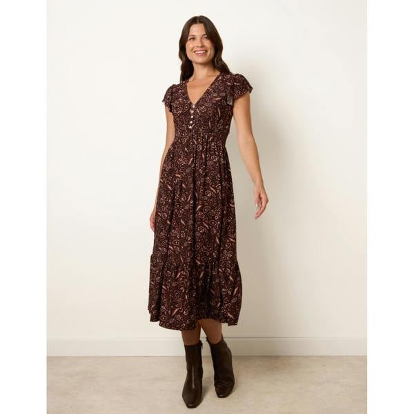 Blue Vanilla V Neck Midi Dress With Shirred Waist Button Front