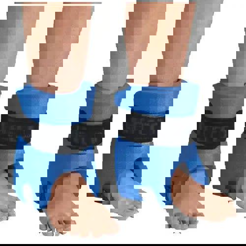 Blue BECO foot orthosis with black straps and wide Velcro fasteners for aqua fitness