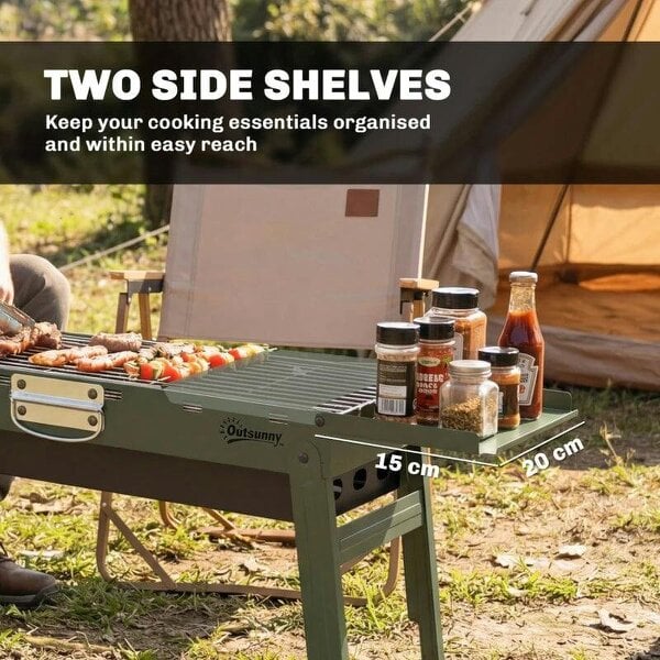 Bobobiy Portable BBQ Grill, Foldable Charcoal Grill for Camping and Picnics with 2 Side Shelves and Handle, Green