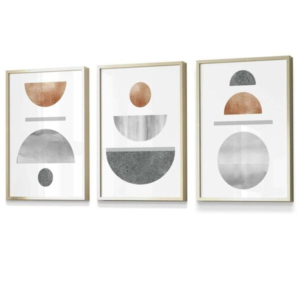 Copper and Grey Abstract Mid Century Geometric Set of 3 Framed Wall Art | Artze Wall Art UK
