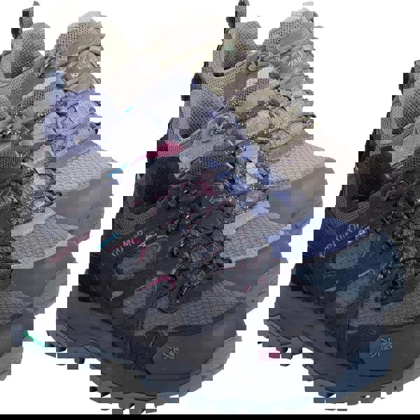 Karrimor Bodmin Low 6 Womens Waterproof Hiking Walking Trainers, close-up view of three pairs of black, grey, and beige outdoor shoes with durable soles, breathable mesh uppers, and secure lacing system.