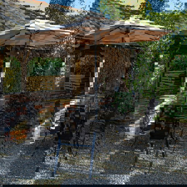 Samuel Alexander Outdoor 4 Person Round Glass Top Garden Dining Table Chairs With Beige Parasol and Base Set