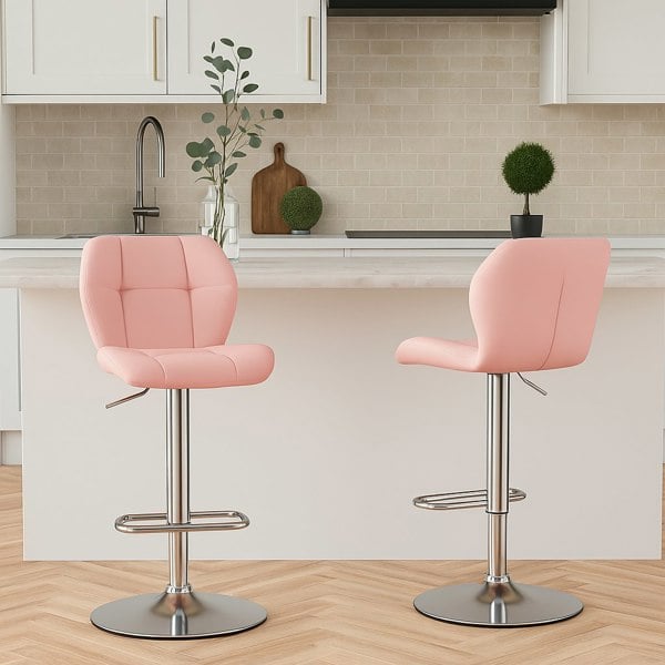 Modcraft Set of 2 Pink PU Leather Bar Stools – Adjustable Swivel Counter Chairs with Backrest