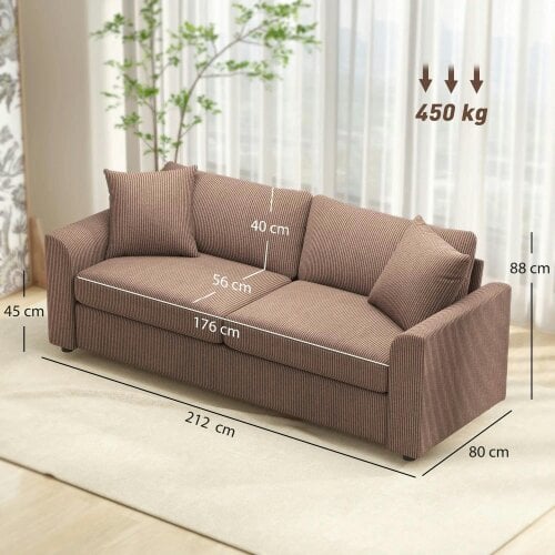 Bobobiy Modern 3 Seater Sofa with Spring Cushion, 212 cm Fabric Jumbo Cord Sofa Couch with 2 Scatter Cushions, Upholstered Corduroy Settee, Coffee