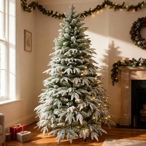 7Ft Pre-Lit Green Snow-Flocked Artificial Christmas Tree with Warm White LEDs and Metal Stand image 9