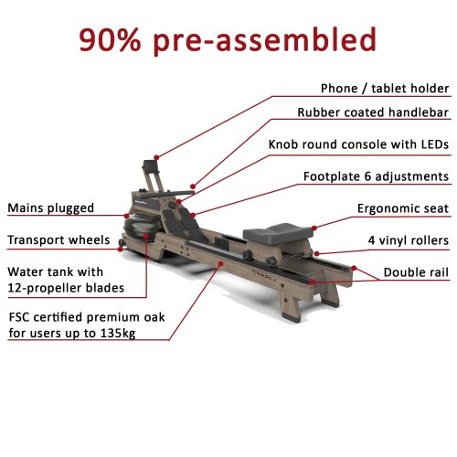 Marcy AquaPro 1022 Wood Water Rowing Machine Bluetooth 135kg User Weight
