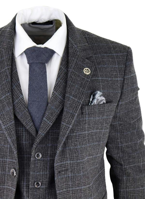 TruClothing Mens Grey Check 3 Piece Tweed Suit Peaky Blinders 1920s Gatsby Tailored Fit