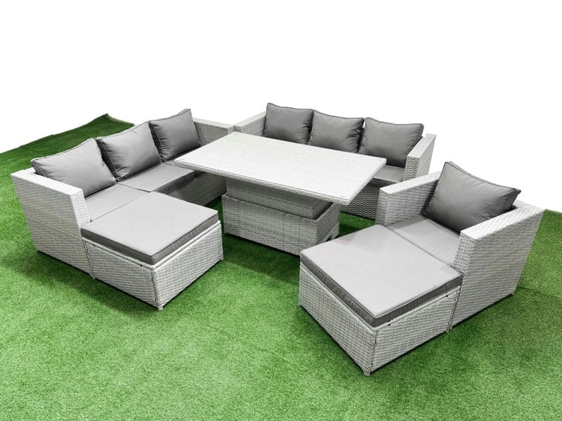 Fimous 6 PCs Rising Dining Table Set Rattan Furniture Set with 3 Seater Sofa Chair 2 Big Footstool Light Grey