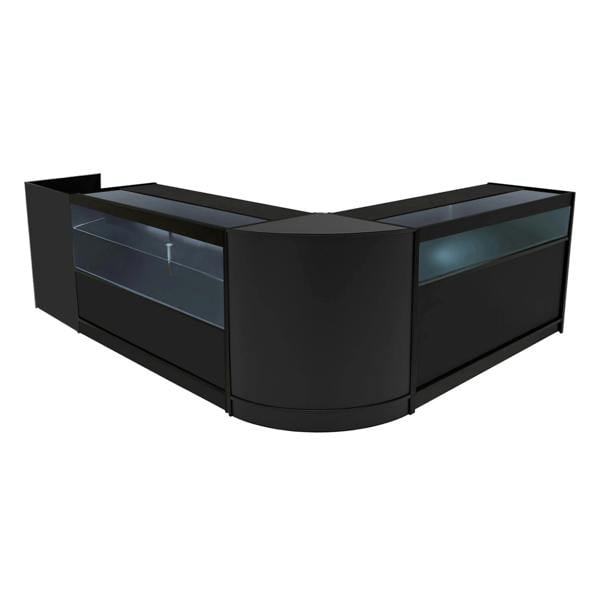 Black Gravity LED shop counter set featuring sleek glass display sections, modern curved design, and ample storage space