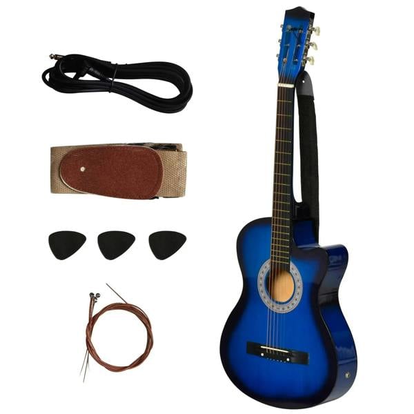 Blue glossy acoustic electric classical guitar with black carry bag, strap, picks, and extra strings.