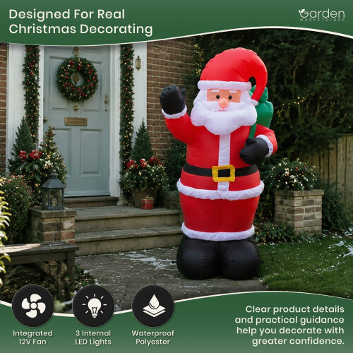 1.8m Inflatable Father Christmas Santa with 3 Internal LED Lights, 12V Fan Motor, Guide Ropes and Transformer, Indoor/Outdoor Christmas Decoration