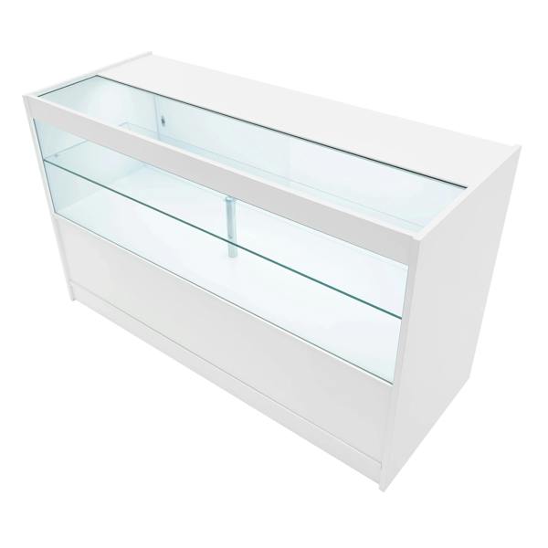 White Hera LED shop counter set featuring sleek glass shelves and a modern design, ideal for retail displays and merchandise showcase