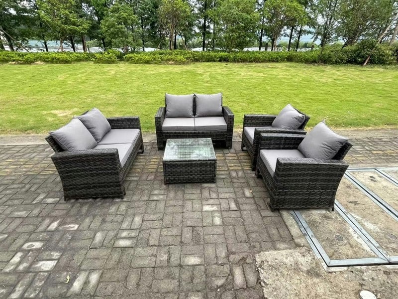 Fimous 6 Seater Dark Grey Mixed High Back Rattan Sofa Set Square Coffee Table Garden Furniture Outdoor Patio With Love Sofa Arm Chairs
