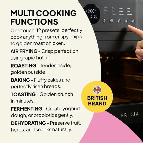 The Fridja f66 Super Oven - 15L Digital Air Fryer Oven features air fry, roast, bake, toast, ferment, and dehydrate functions. A user adjusts the digital control panel. PFAS free with a British Brand badge shown.