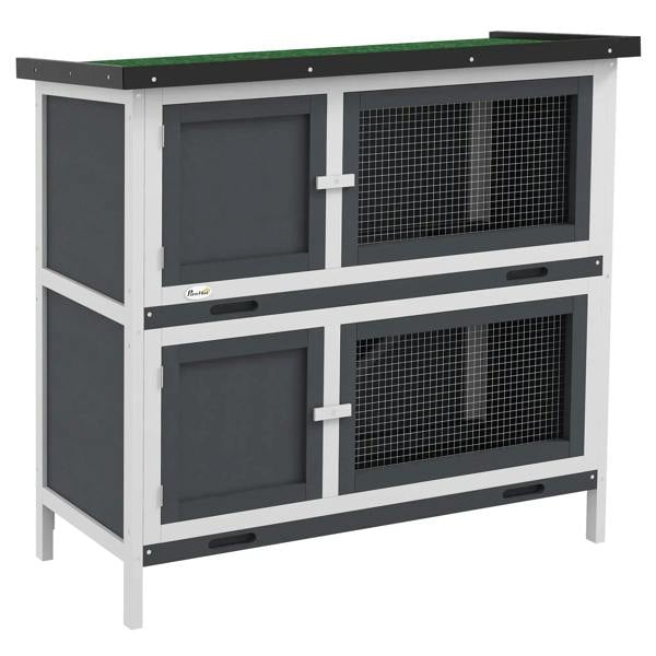 Grey two-tier rabbit hutch with two front doors and wire mesh windows