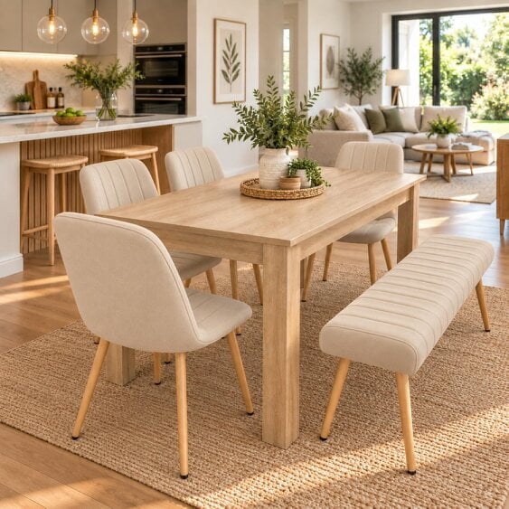 Kosy Koala Rectangular Dining Table Set with 4 Beige Velvet Chairs & Bench,Light Wood-Effect,117cm