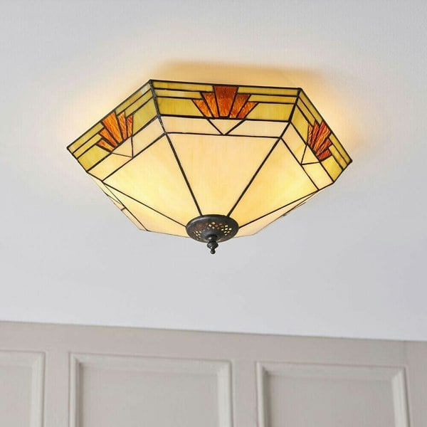 Tiffany Glass Semi Flush Ceiling Light Cream & Red Inverted Hex Shade i00058 Loops