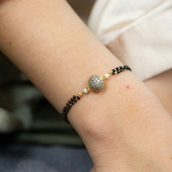 The Colourful Aura Indian Gold Plated Black Bead Everyday Mangalsutra Minimalist Nazaria Bracelet - White