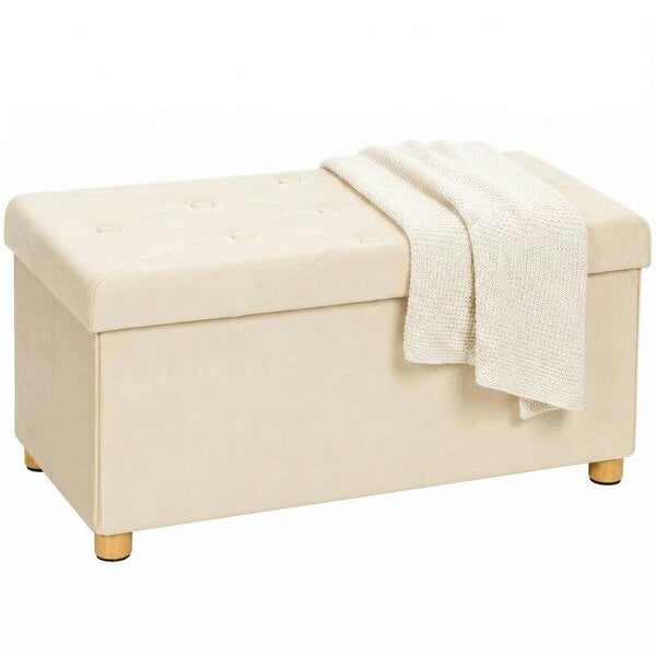 Velvet Upholstered Foldable Ottoman Footrest, Storage Ottoman Bench with Wood Legs for Living Room, Cream White