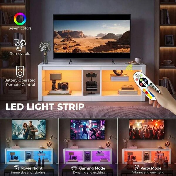 TV Stand Cabinet with LED Lights and Remote Control for TVs up to 65", Entertainment Centre with Storage Shelves, White