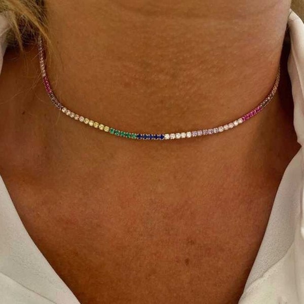 Spero London Rainbow Tennis Necklace and Bracelet Set Sterling Silver