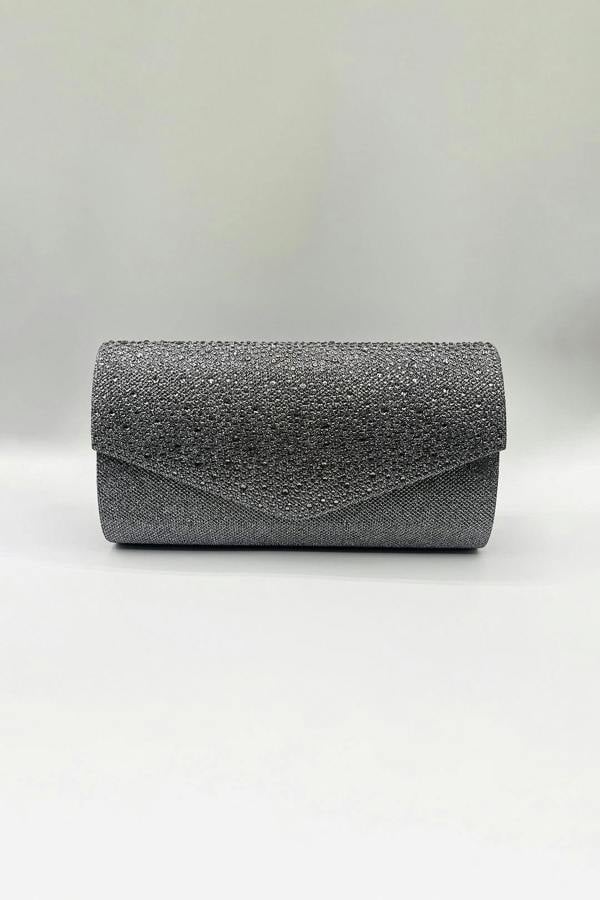 SVNX Diamante Envelope Clutch Bag in Grey