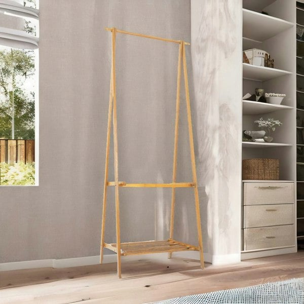 BMBO Wooden Natural Brown Open Clothes Rack With Shelf Natural Brown