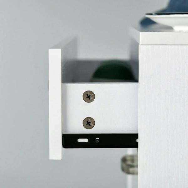 White flip drawer interior with mounting screws and metal drawer rail
