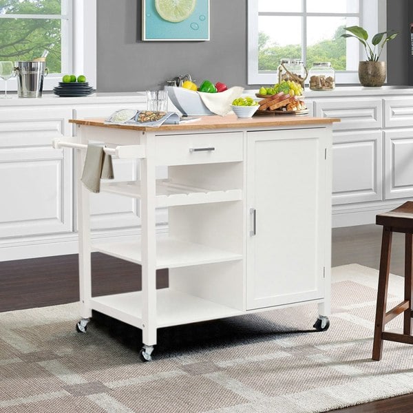 White Natural Wood Trolley Sideboard Cabinet Kitchen Island Dining Serving Cart Kitchen Cart Living and Home