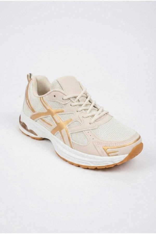 Constance Mixed Media Panelled Trainers - Beige