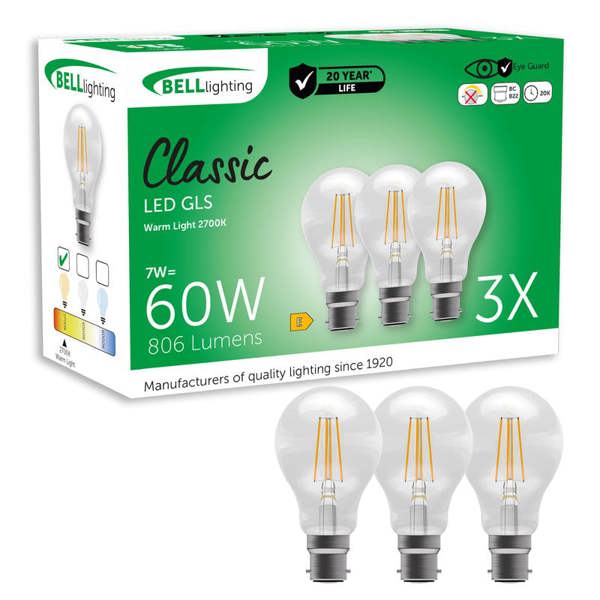 BELL Lighting B22 LED Filament GLS 7W Energy Saving Light Bulbs