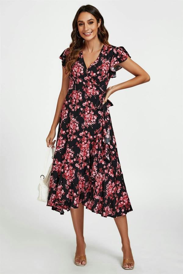 FS Collection Pink Floral Frill Sleeve Midi Wrap Dress In Black