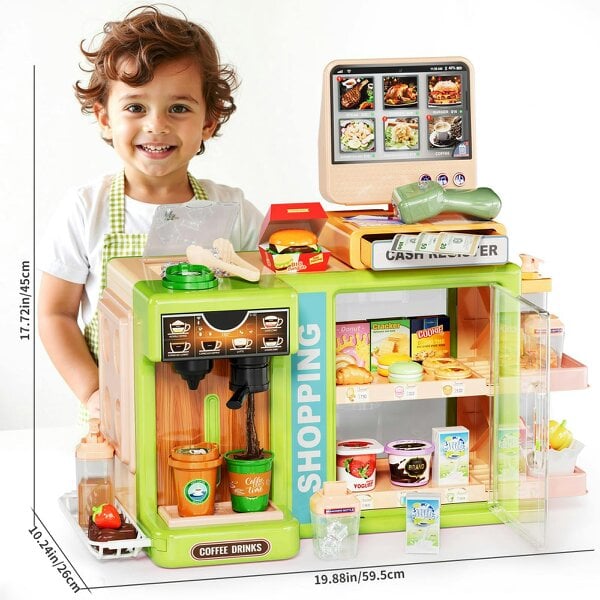 deAO Toys  Kids Supermarket Playset with Cash Register & Coffee Maker Pretend Grocery Store Toy with Accessories(Green)