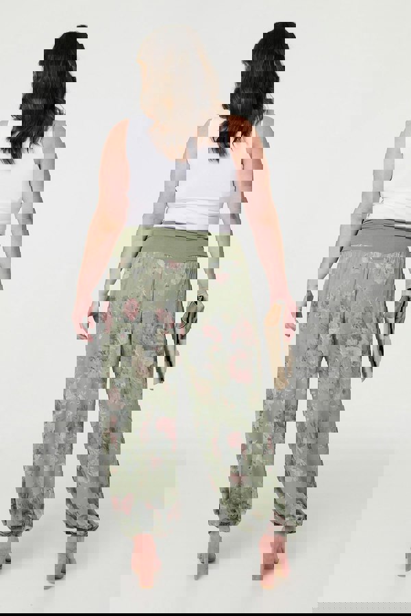 Khaki| Floral Ruched Waist Harem Trousers