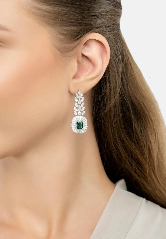 Latelita Countess Gemstone Drop Earrings Emerald Silver