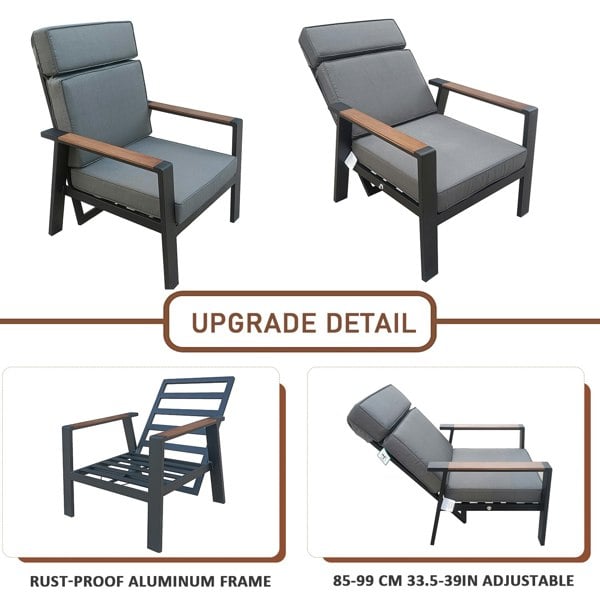 Furniture One Outdoor Aluminium Patio 5 Piece Dining Set, 4 Seater Garden Furniture Set with Firepit Table, Padded Armchair & Thick Cushions